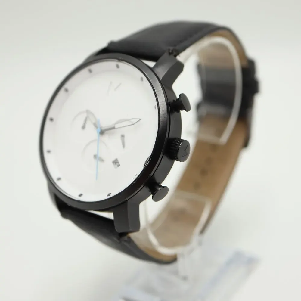 MVMT Men's 45mm Chronograph Minimal Watch White Black Faux Leather w New Battery